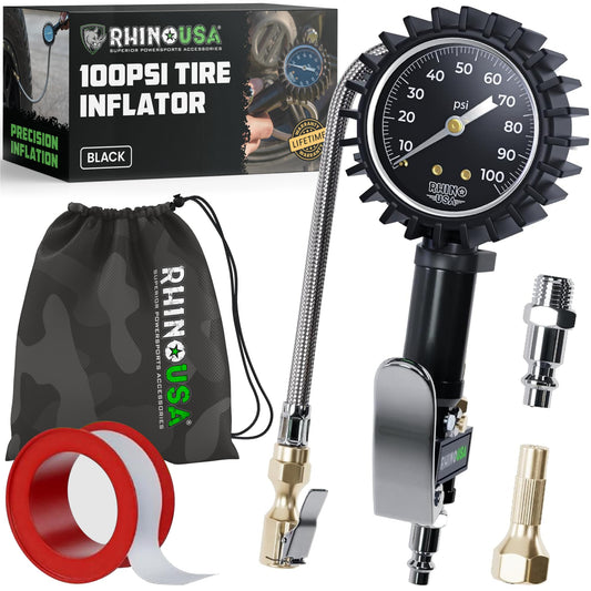 Rhino USA Tire Pressure Gauge with Inflator (0-100 PSI) - Heavy Duty Air Chuck and Compressor Accessories with Stainless Braided Hose, Large Analog Dial and Solid Brass Hardware for Truck and RV