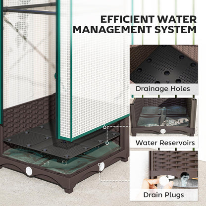 Outsunny Plastic Raised Garden Bed with Trellis, Outdoor Planter Box with PE Greenhouse Cover, Drainage Holes and Zipper Door for Climbing Plants, Herbs and Vegetables, 15.7" x 15.7" x 48.8", Brown