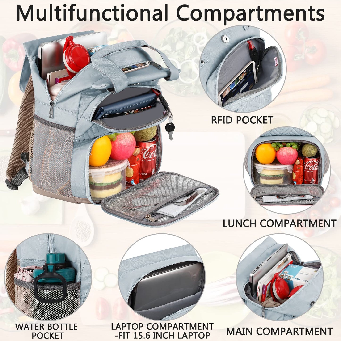 Mogplof Lunch Backpack for Women, 15.6 Inch Laptop Backpack with USB Port RFID Pocket, College Laptop Bookbag Work Travel Backpacks, Insulated Cooler Lunch Bag Gift for Business, Light Blue