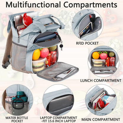 Mogplof Lunch Backpack for Women, 15.6 Inch Laptop Backpack with USB Port RFID Pocket, College Laptop Bookbag Work Travel Backpacks, Insulated Cooler Lunch Bag Gift for Business, Light Blue
