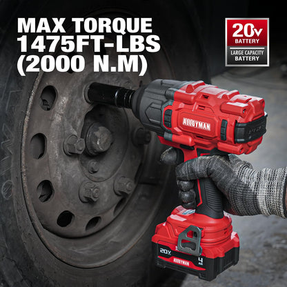 Alloyman Cordless Impact Wrench, 1475Ft-lbs (2000N.m) 1/2 High Torque Brushless Impact Gun, 20V Power Impact Driver, 4000mAh Battery,3 Sockets, Brushless Motor Variable Speeds for Car/Truck RV/Mower