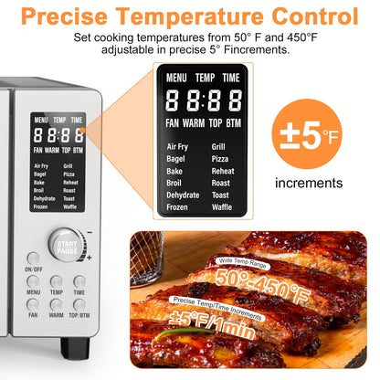 Nuwave Bravo Air Fryer Toaster Smart Oven, 10-in-1 Countertop Convection, 1800 Watts, 21-Qt Capacity, 50°-450°F Temp Controls, Top and Bottom Heater Adjustments 0%-100%, PFAS Free, Stainless Steel