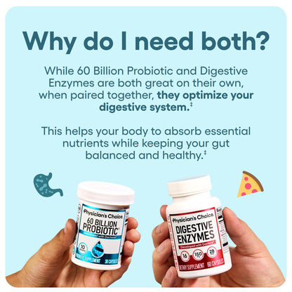 Physician's CHOICE Advanced Gut Health Bundle: 60 Billion Probiotics 30ct + Digestive Enzymes 60ct for Digestive, Gut, and Immune Health Supports Occasional Constipation, Diarrhea, Gas, and Bloating