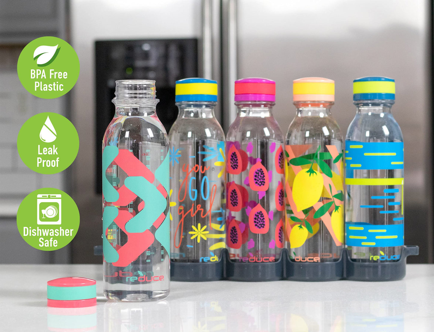 Reduce WaterWeek Reusable Water Bottle Set, 20oz – Plastic Reusable Water Bottle Set of 5, Plus Fridge Tray – BPA-Free, Leak Proof Twist Off Cap – Bliss