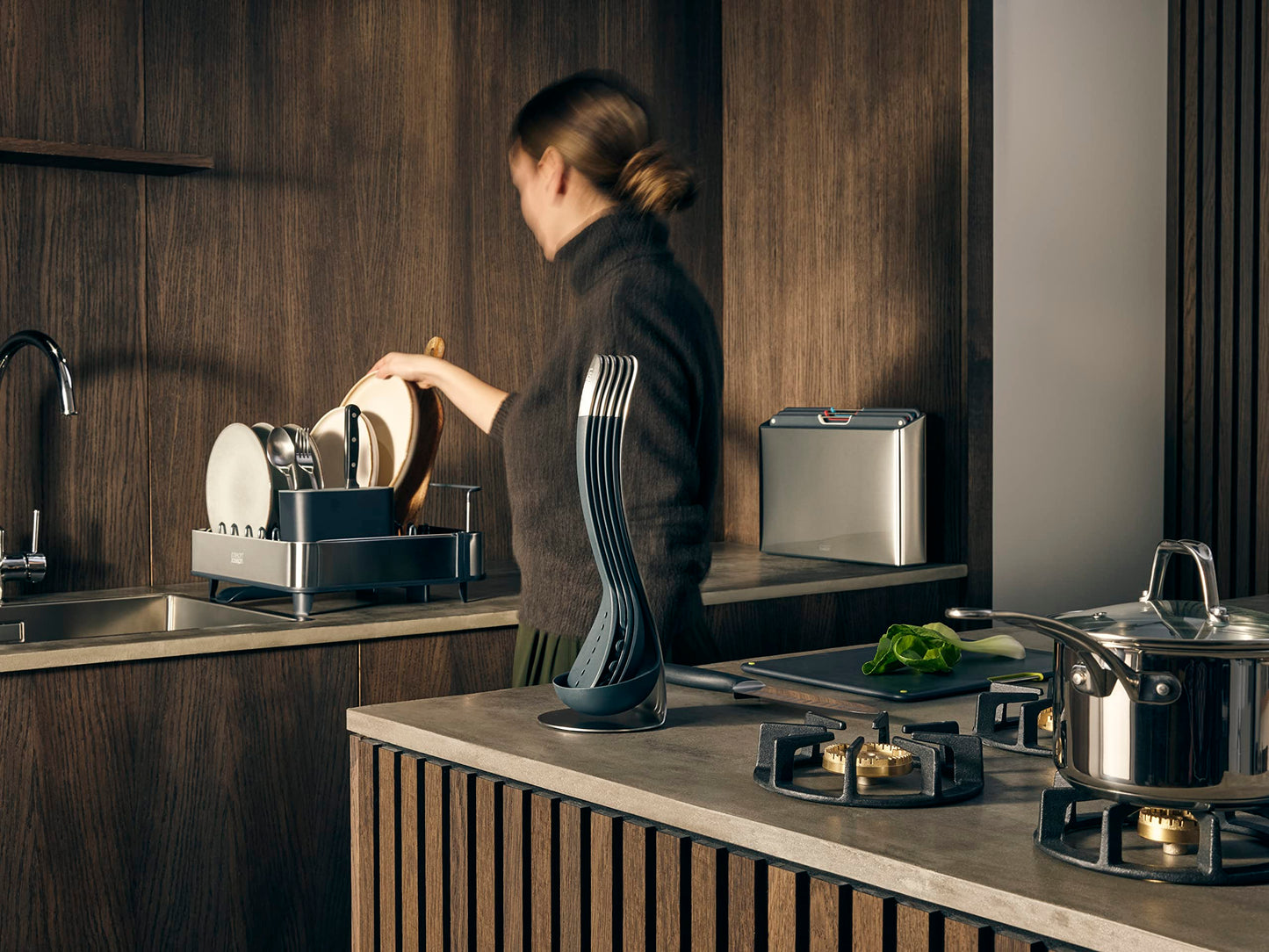 Joseph Joseph Extendable Dish Drying Rack with Dual Parts - Stainless Steel, Non-Scratch, Movable Utensil Drainer & Drainage Spout, Gray