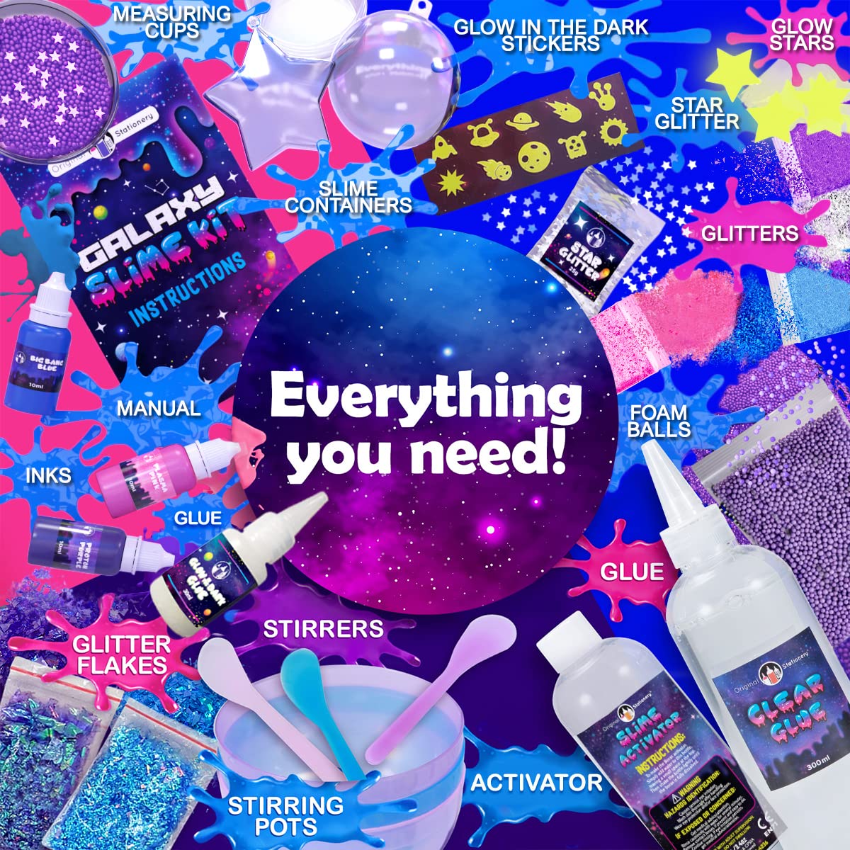 Original Stationery Galaxy Slime Kit - Box, Space Theme - Make Your Own Slime Kit with Glow-in-The-Dark Stars & Glitter Powders for Girls, Ages 8-12