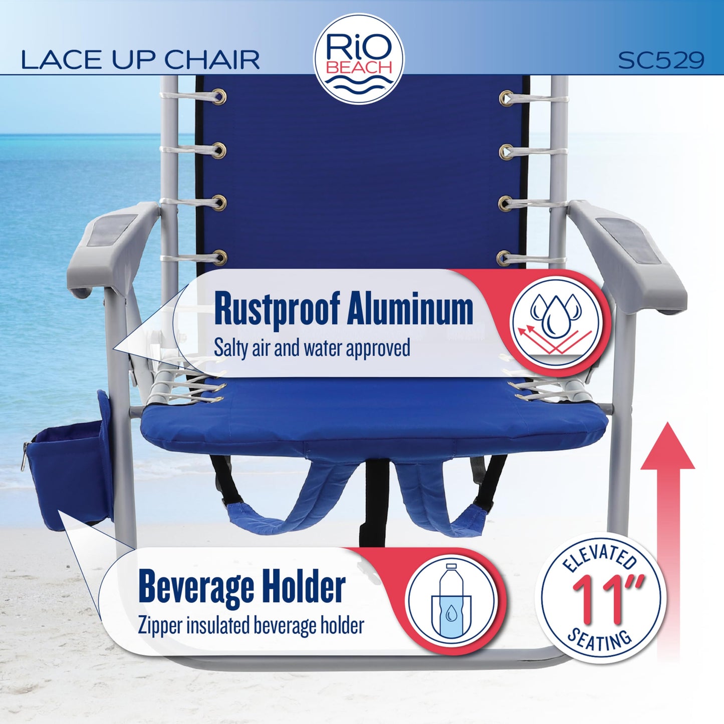RIO Gear Beach Lace-Up Suspension Folding Beach Chair, Navy , 44.7" x 25.5" x 26.5"
