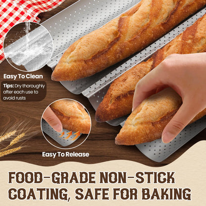 Pavsrmy Baguette Bread Pan, Premium Nonstick Perforated Baguette Pan for French Bread Baking, 4 Loaves Baguette Baking Tray for Sourdough, Italian Bread, Perfect for Creating Crisp Golden-Brown Crust