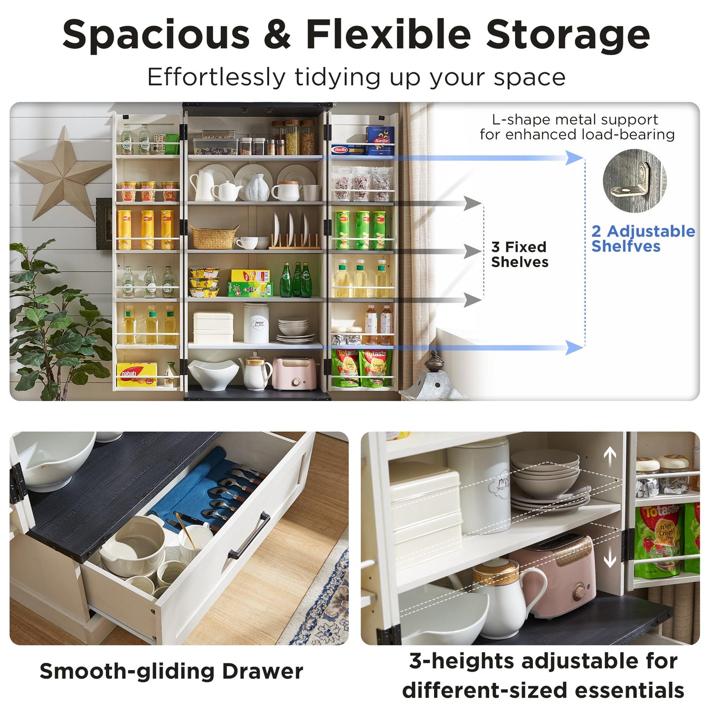 ACCOHOHO 72" Farmhouse Kitchen Pantry Cabinet with Drawer, Tall Storage Cabinet with 2 Barn Doors and Shelves, Versatile Large Rustic Cupboard for Dining Room, Bathroom, Living Room, Laudry, White