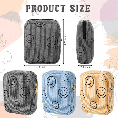 Photect 3 Pcs Corduroy Cosmetic Bag Smile Face Aesthetic Preppy Pencil Pouch Purse Travel Beauty Makeup Bags for School Christmas Women Holiday Organizer Gifts(Stylish,Yellow, Gray, Blue)