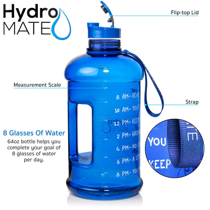 NatureWorks HydroMATE Half Gallon Water Bottle with Times to Drink BPA Free Leak Proof Reusable Jug with Handle 64 oz