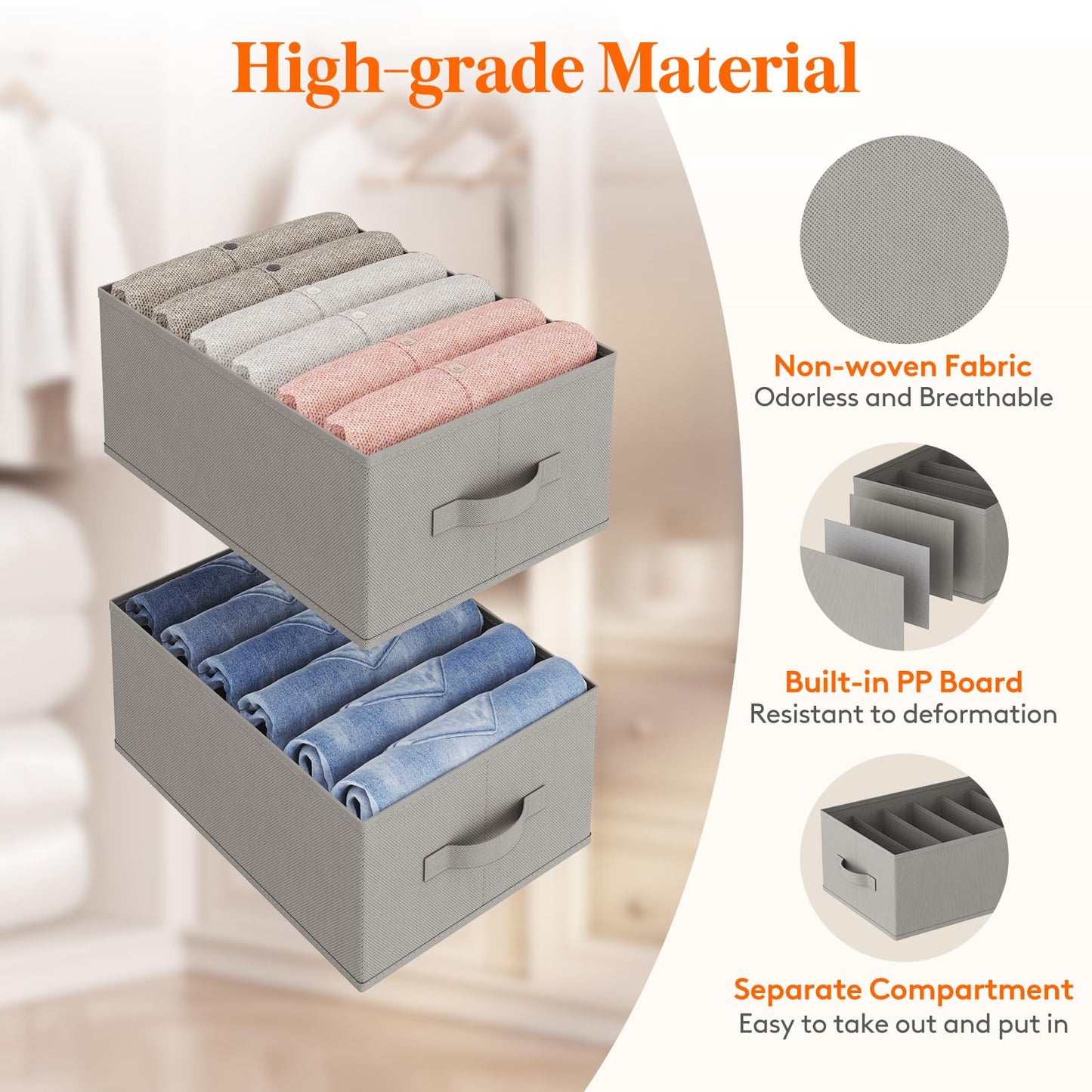 Lifewit Wardrobe Clothes Organizer 6 Pack, Large Size 6 Grids Closet Jean Storage Bins with Handles and Support Boards, Foldable Drawer Dividers for Sweater, Pants, T-shirt, Hoodie, Dress, Grey