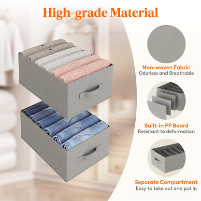 Lifewit Wardrobe Clothes Organizer 6 Pack, Large Size 6 Grids Closet Jean Storage Bins with Handles and Support Boards, Foldable Drawer Dividers for Sweater, Pants, T-shirt, Hoodie, Dress, Grey