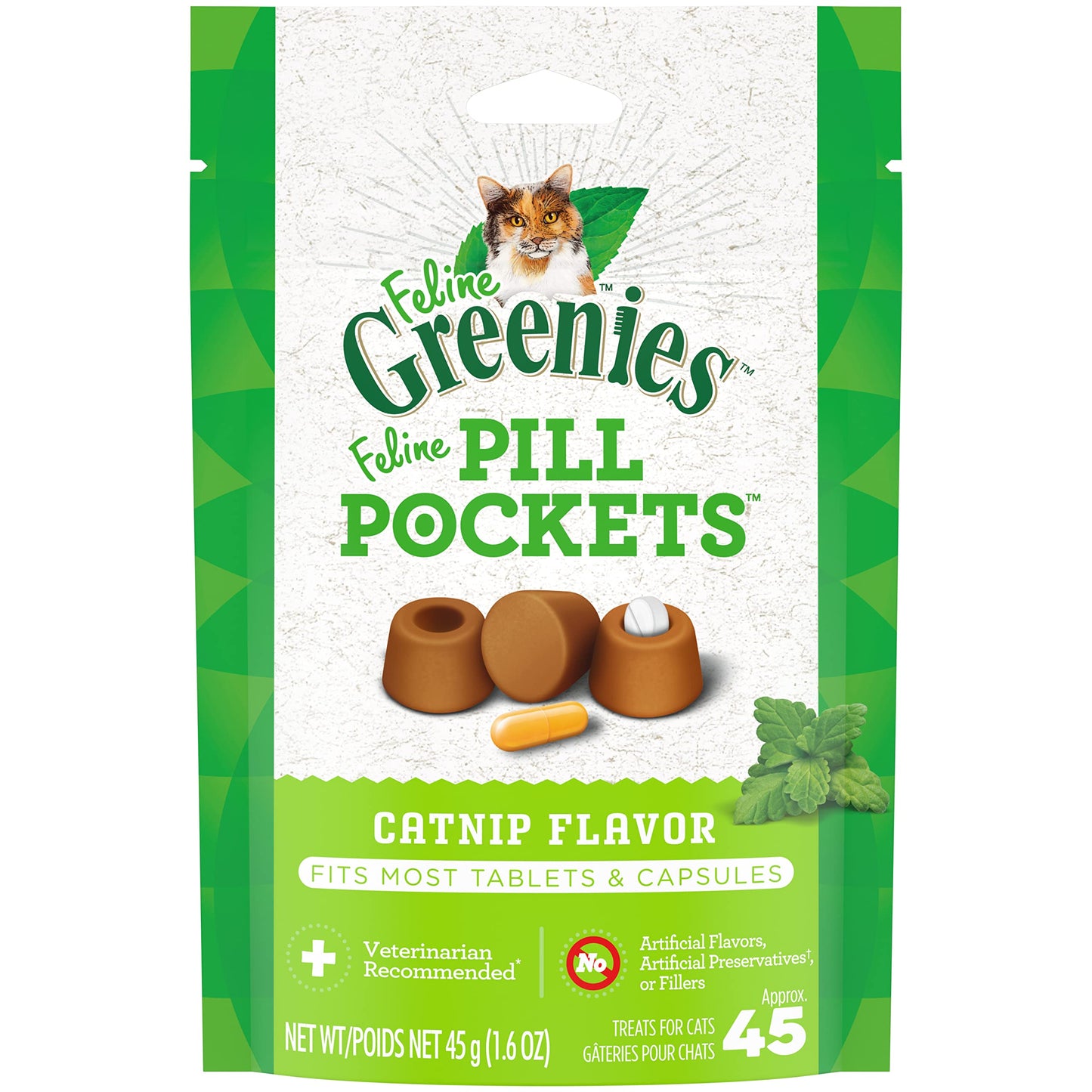 Greenies Feline Pill Pockets for Cats Natural Soft Cat Treats, Catnip Flavor, 1.6 oz. Pouch (45 Treats)