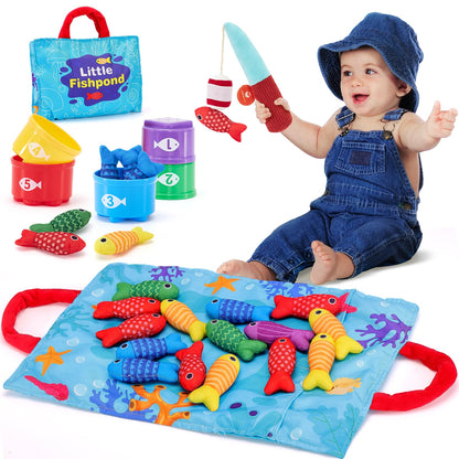 hahaland Montessori Toys for 1 Year Old - 10 in 1 Cloth Toddler Fishing Game with Stacking Cups, Baby Toy 12-18 Months One Year Old Boy Birthday Gift, Toddler Toys for 1 2 Year Old Boy Girl Gifts