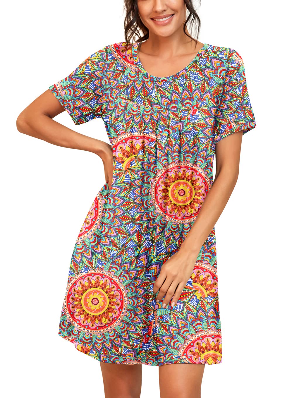 PrinStory Womens Sleepwear Short Sleeve Nightgown Soft Sleepshirt Pleated Nightshirt Scoopneck Casual Loungewear FP-Peacock Blue-Medium