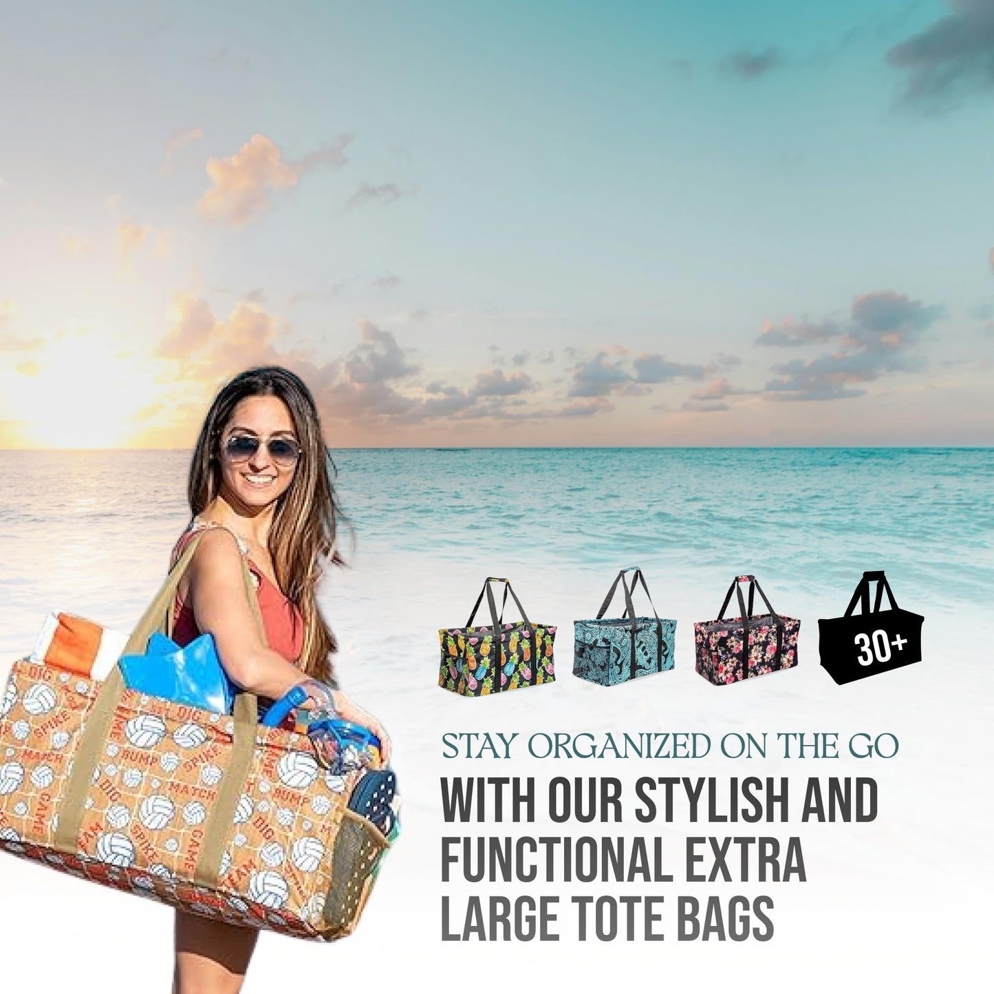 Lucazzi Extra Large Utility Tote Bag - Oversized Collapsible Reusable Wire Frame Rectangular Canvas Basket With Two Exterior Pockets For Beach, Pool, Laundry, Car Trunk, Storage - Camping