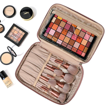 NISHEL Large Double Layer Travel Makeup Bag Women, Large Cosmetic Case, Organizer for Travel-Size Accessories Bottles, Brushes, Conditioner, and Skin Care Products, Rose-wood Pink