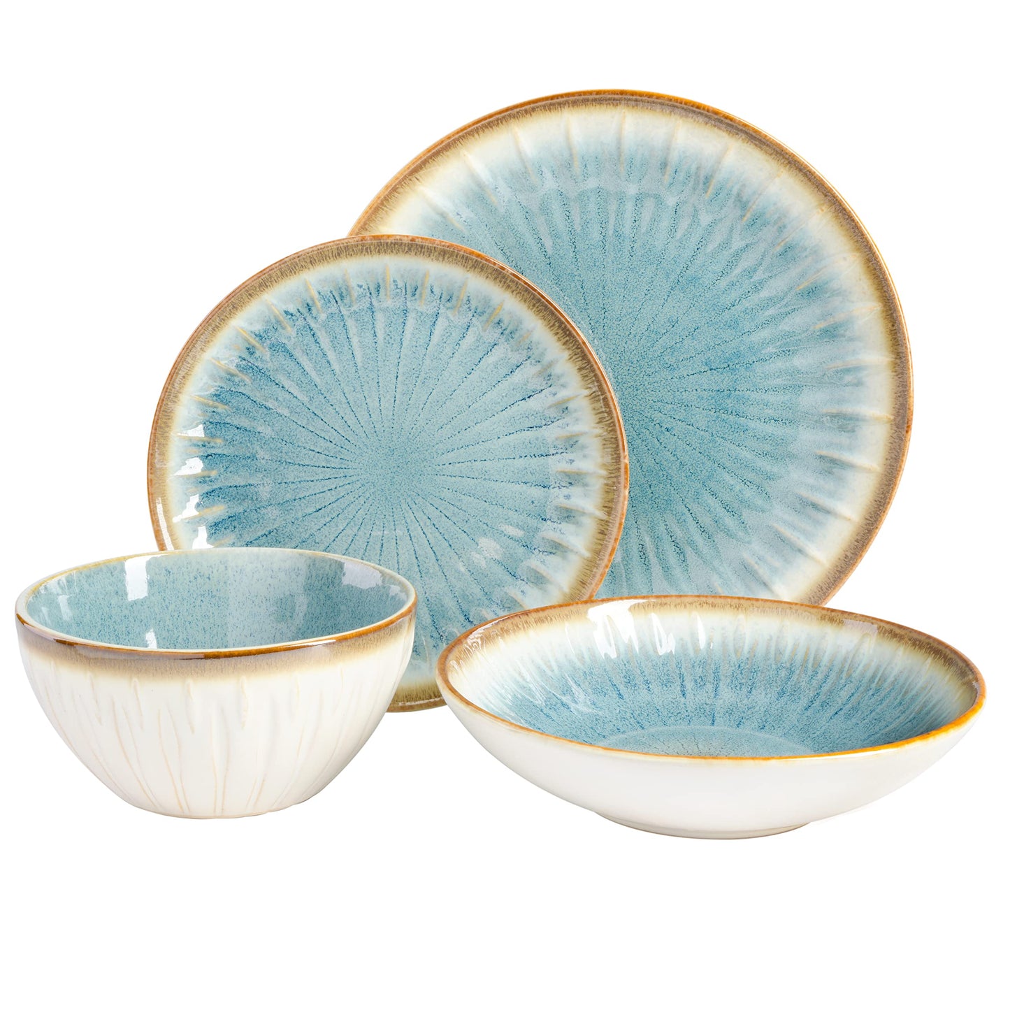 Gibson Elite Mayfair Bay Embossed Double Bowl Dinnerware Set, Service for 4 (16pcs), Blue