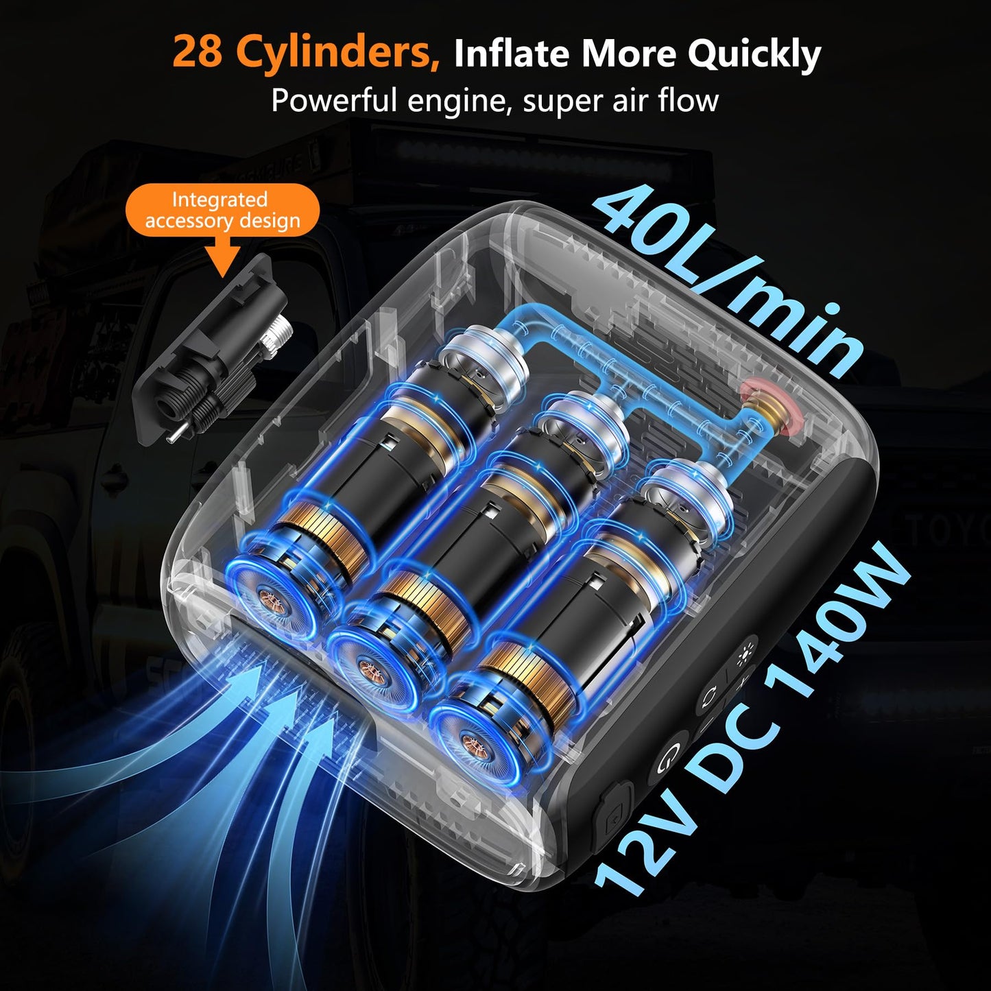 PESEIL Tire Inflator Portable Air Compressor, 28 Cylinders 12V Air Compressor, 140W Auto Shut-Off with LED Light 150psi Pump, Portable Air Compressor for Car Tires, Bicycle, Moto, Ball etc.