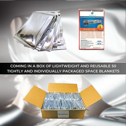 HealthyLine Thermal Foil Emergency Blankets (50 Pack) – Mylar Space Blanket for Heat Retention, Waterproof & Windproof, Lightweight Survival Gear for Outdoors, Camping, First Aid, and Sauna Use