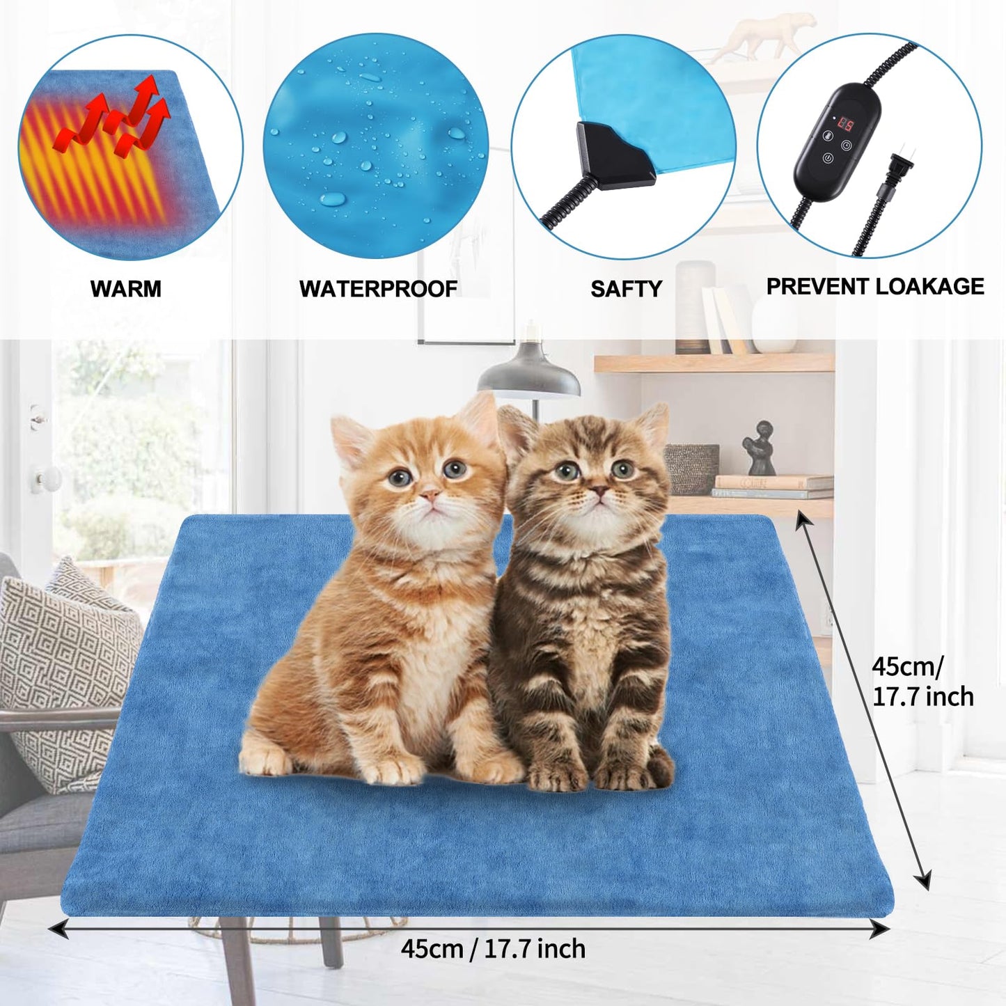 KEKELAN Pet Heating Pad for Cats, Indoor Outdoor Waterproof Electric Heated Pad Mat for Dogs with Chew Resistant Cord,5 Timer and 6 Level Temperature Pet Bed Warmer-17.7x17.7