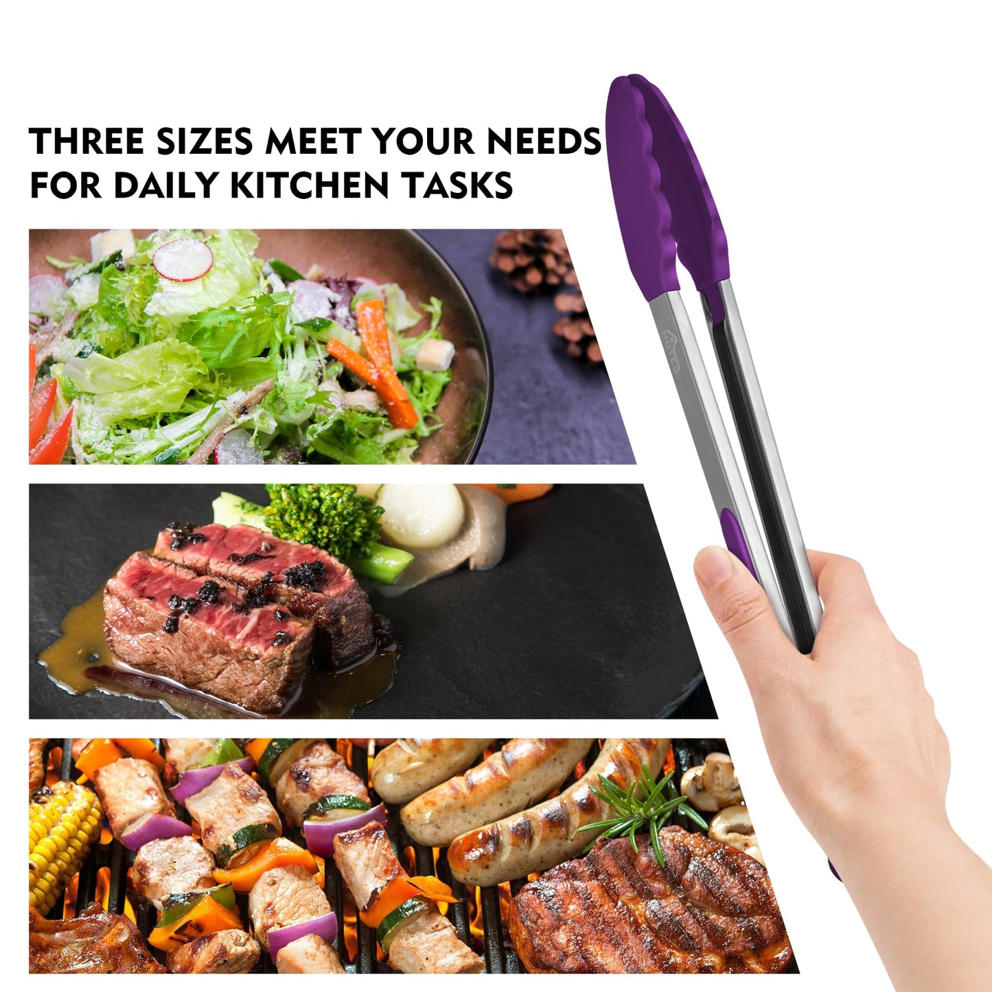 HOTEC Premium Stainless Steel Locking Kitchen Tongs with Silicon Tips, Set of 3-7", 9" and 12" (Purple)