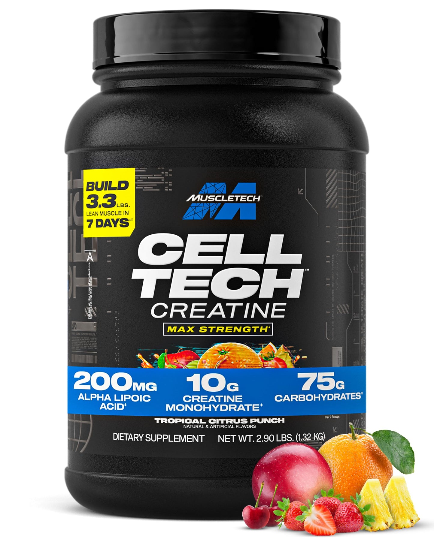MuscleTech Creatine Monohydrate Powder - Cell-Tech Creatine Powder Post Workout Recovery Drink, Muscle Builder & Musclebuilding Supplement - Tropical Citrus Punch, 3 lbs (27 Serv) - Packaging May Vary