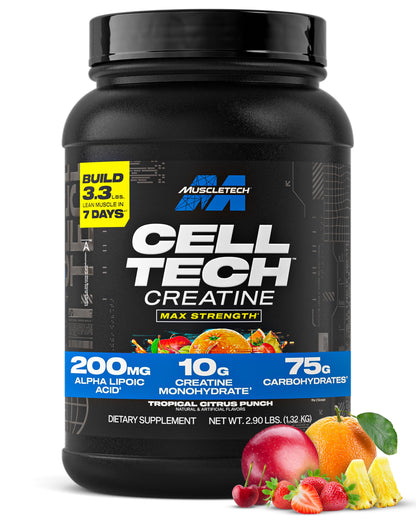 MuscleTech Creatine Monohydrate Powder - Cell-Tech Creatine Powder Post Workout Recovery Drink, Muscle Builder & Musclebuilding Supplement - Tropical Citrus Punch, 3 lbs (27 Serv) - Packaging May Vary