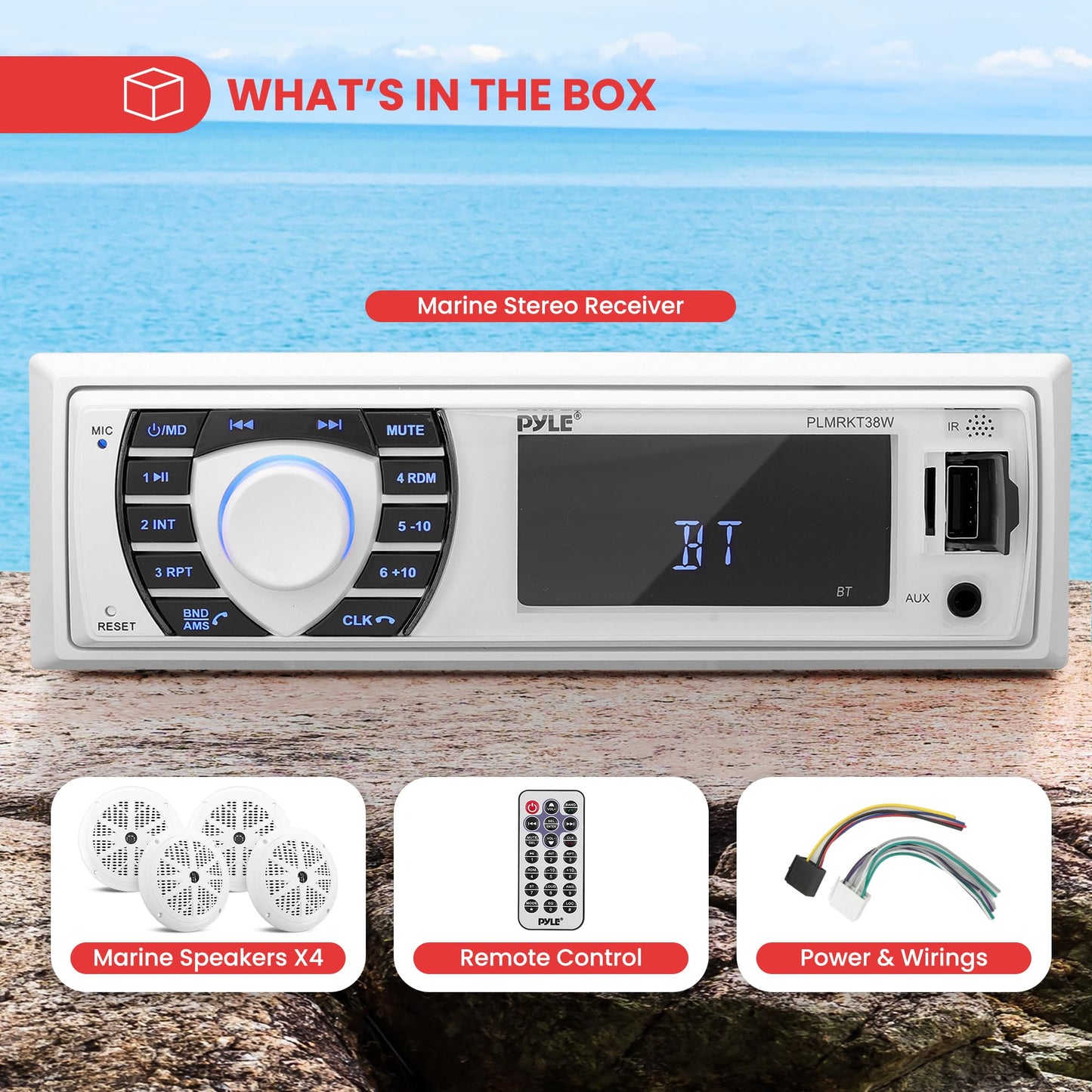 Pyle Marine Radio Receiver Speaker Set 12v Single Din Style Bluetooth Compatible Waterproof Digital Boat In Dash Console System with Mic 4 Speakers, Remote Control, Wiring Harness PLMRKT38W (White)