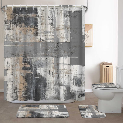 Lnond 4Pcs Bathroom Shower Curtain Sets with Rugs,Black and Grey Painting Art Bathroom Sets with Shower Curtain and Rugs and Accessories