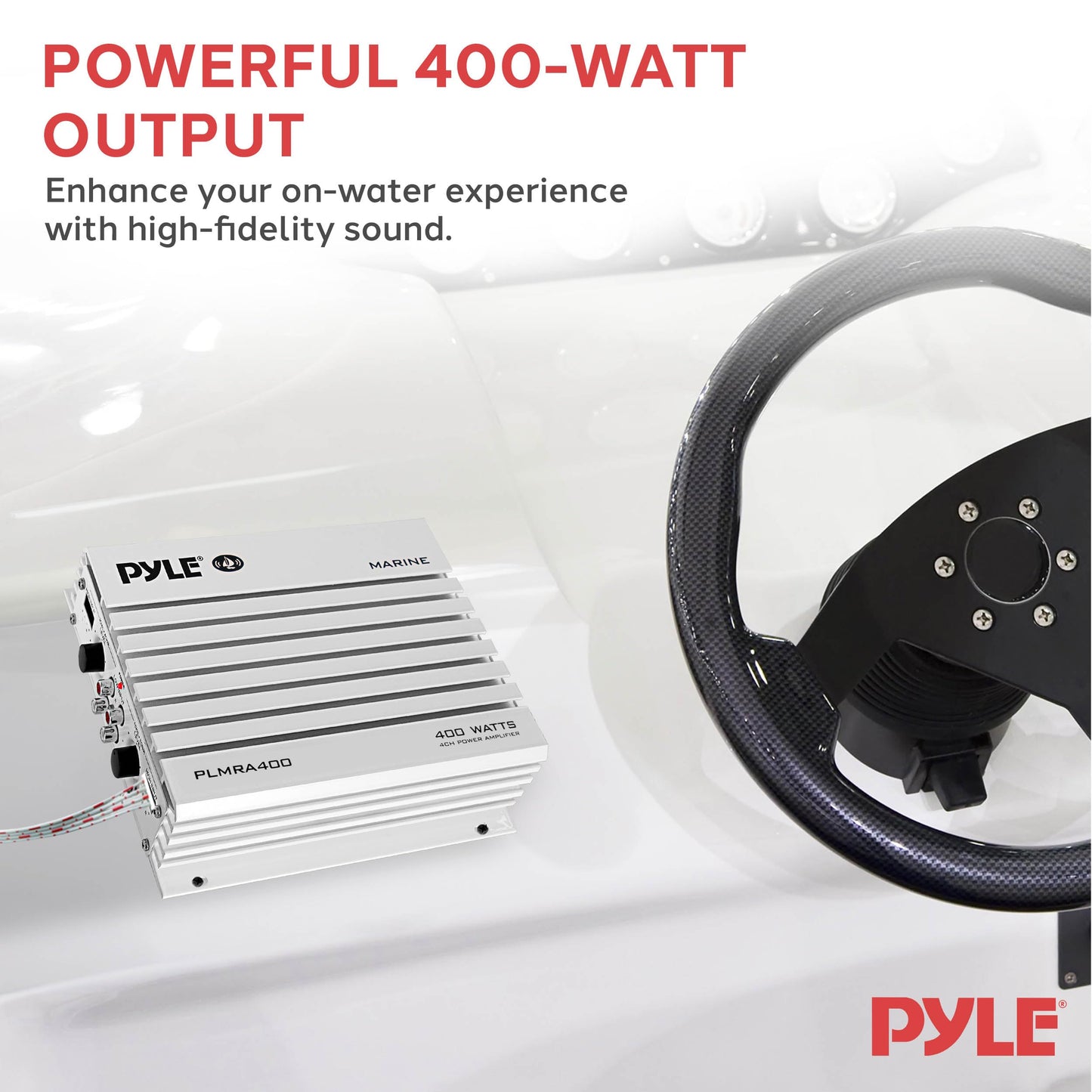 Pyle Hydra Marine Amplifier - Upgraded Elite Series 400 Watt 4 Channel Audio Amplifier, Waterproof, 12 volt, Dual MOSFET Power Supply, GAIN Level Controls, RCA Stereo Input & LED Indicator - PLMRA400