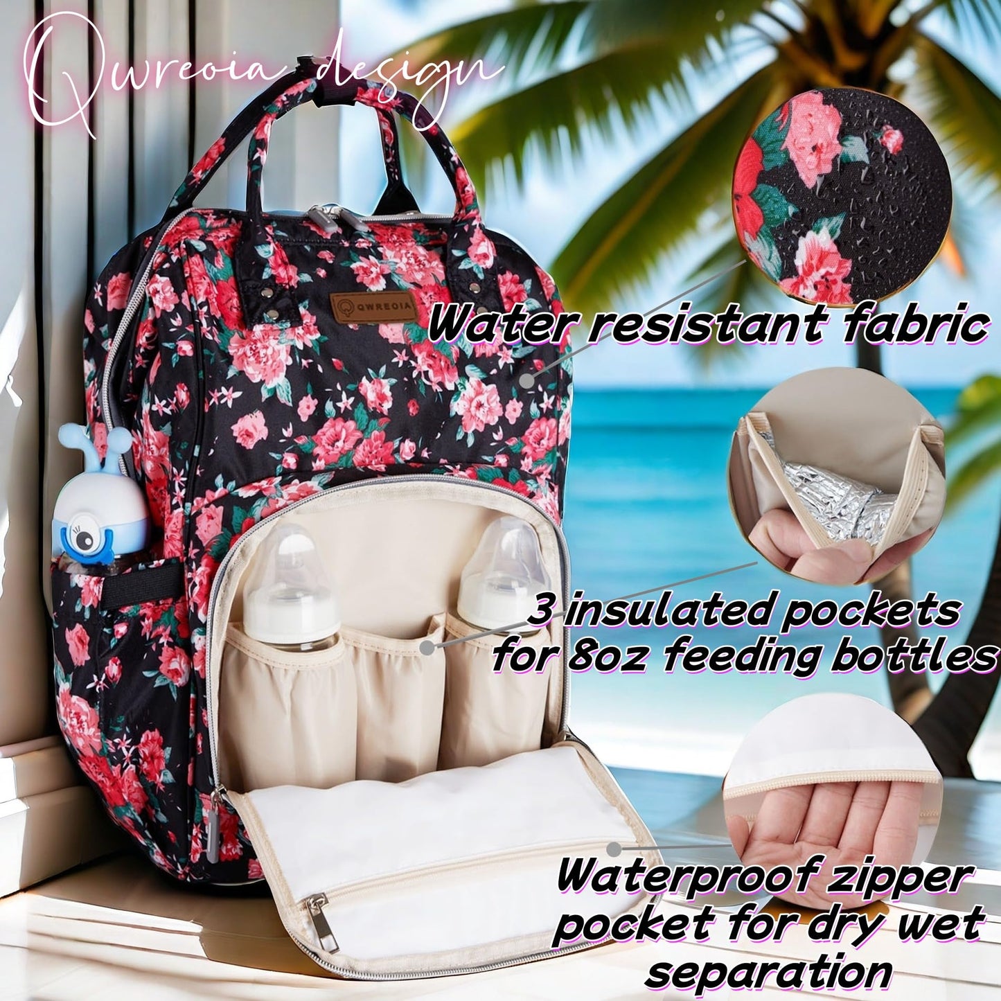 QWREOIA Floral Diaper Bag Backpack with USB Charging Port Stroller Straps and Insulated Pocket, Travel Bag Nappy Backpack For Women/Mum (Red Flower Pattern)