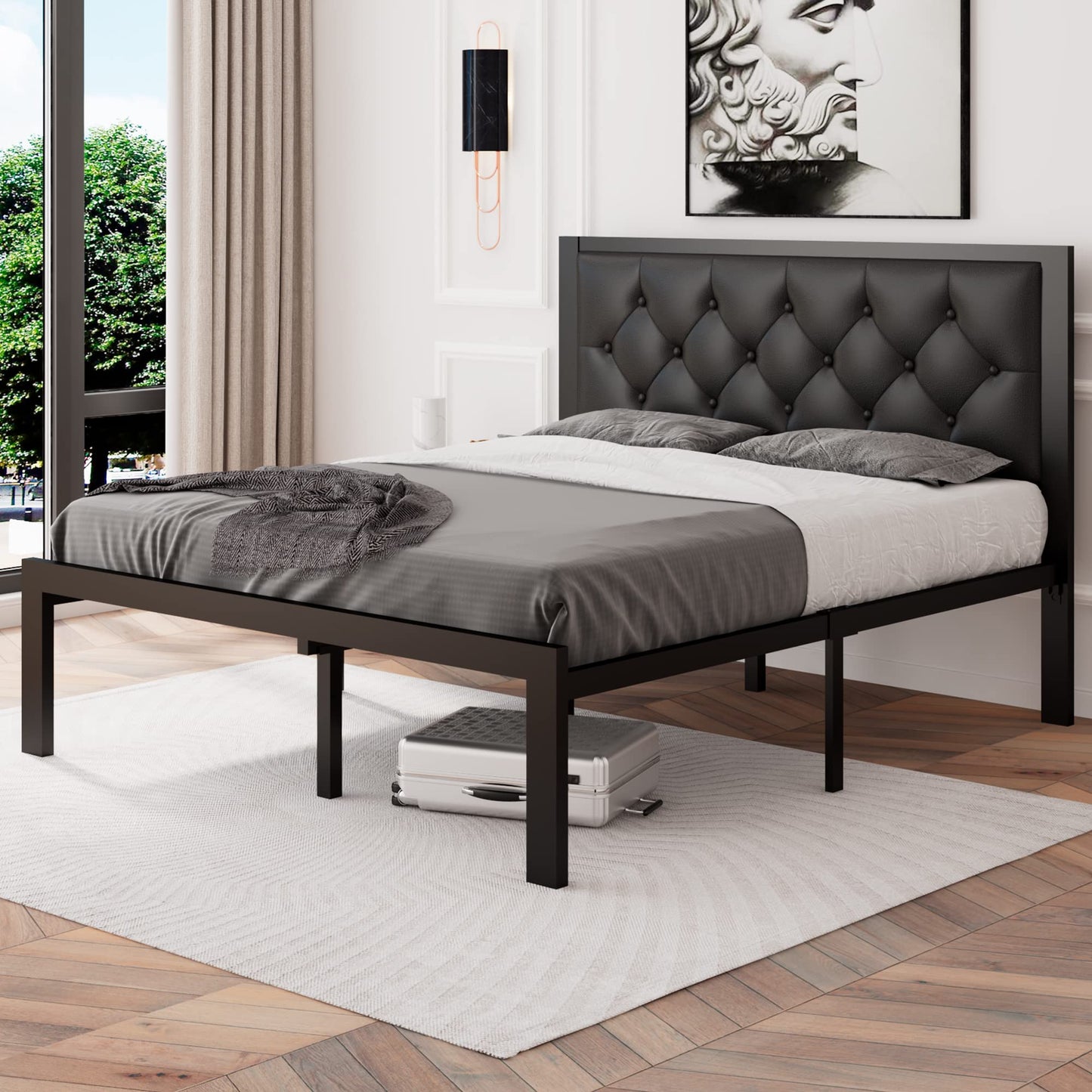 Feonase Full Size Metal Bed Frame with Faux Leather Button Tufted Headboard, Heavy-Duty Platform Bed Frame with 12" Storage, Steel Slats Support, No Box Spring Needed, Noise Free, Black