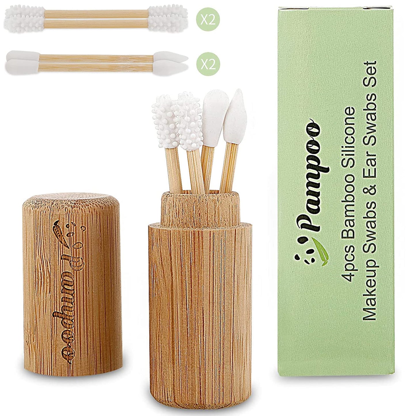 Pampoo 4PCS Plastic Free Reusable Qtips with Bamboo Carrying Case丨Reusable Cotton Swab Qtip Zero Waste Packaging丨Strengthen Thick Bamboo Stick丨Eco Friendly Bamboo Qtips Sustainable Set