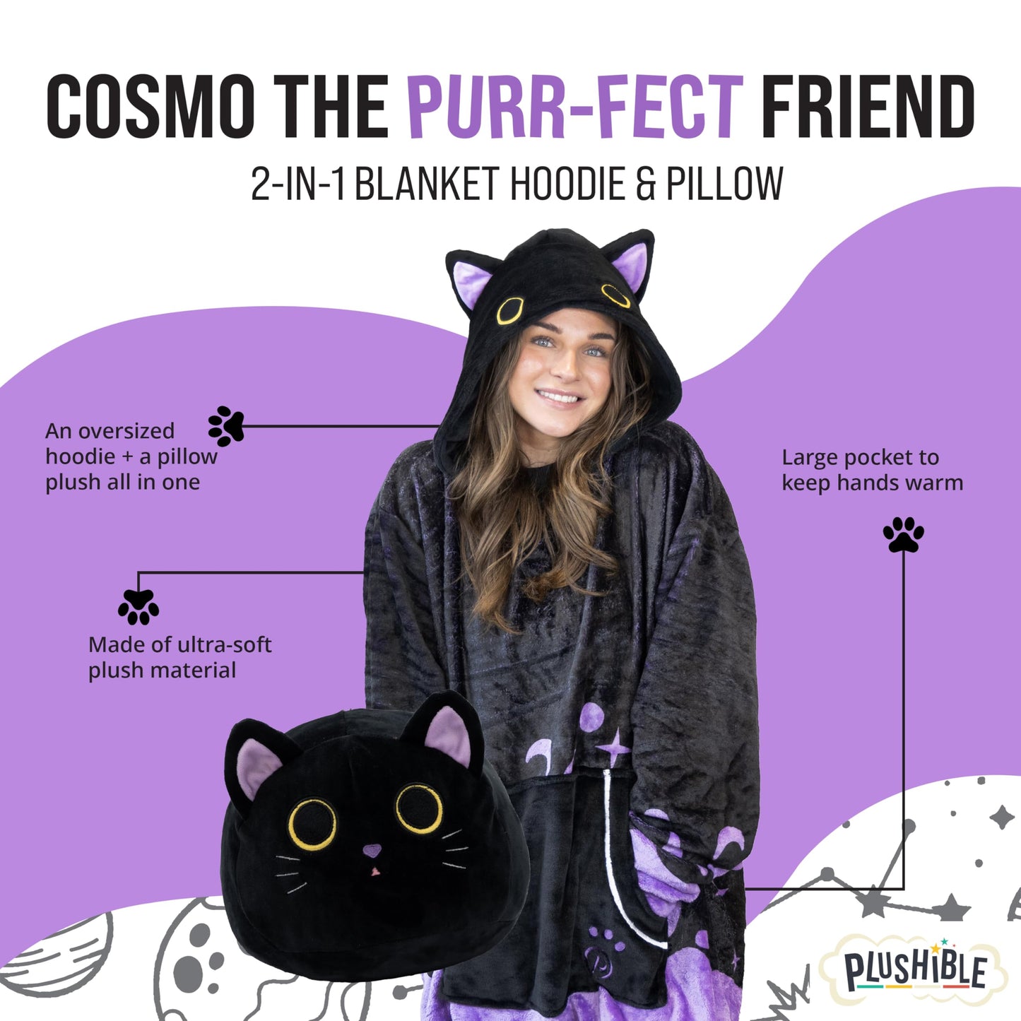 Plushible Wearable Blanket Hoodie, Cosmo the Cat, 2-in-1 Oversized Hoodie Blanket Pillow, Long Sleeve Sweatshirt Pocket, Cozy Gift