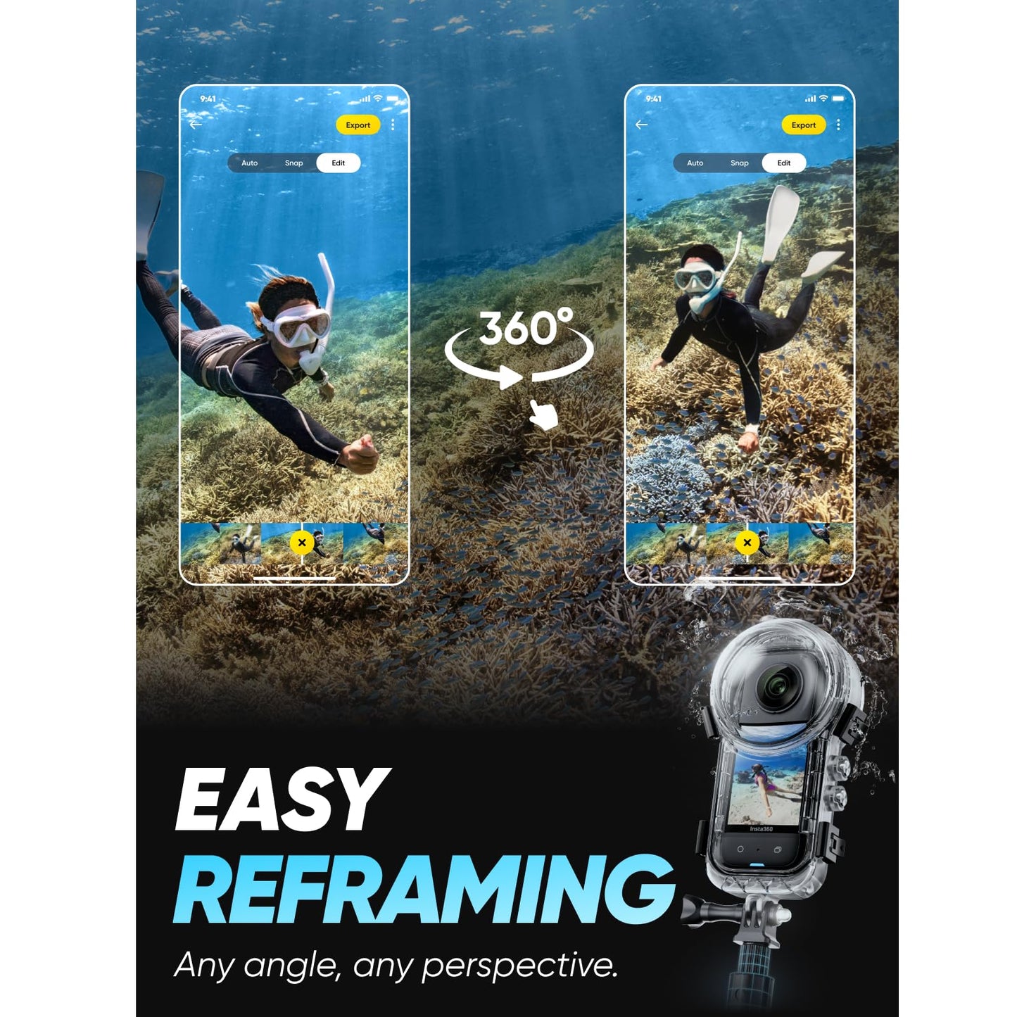 Insta360 X3 Invisible Dive Kit - Waterproof 5.7K 360 Action Camera, Dive Case, Selfie Stick, Dual 1/2" 48MP Sensors, Stabilization, 360 Horizon Lock, 4K Single-Lens, AI Editing