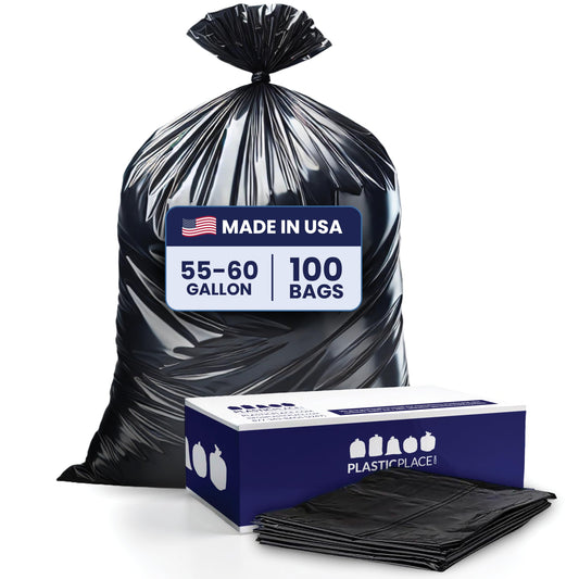 Plasticplace 55-60 Gallon Trash Bags, 1.2 Mil Heavy Duty Contractor Garbage Bags, Black Tear-Resistant Bags for Construction, Yard Waste, Industrial Use, Large 38” x 58” (100 Count)