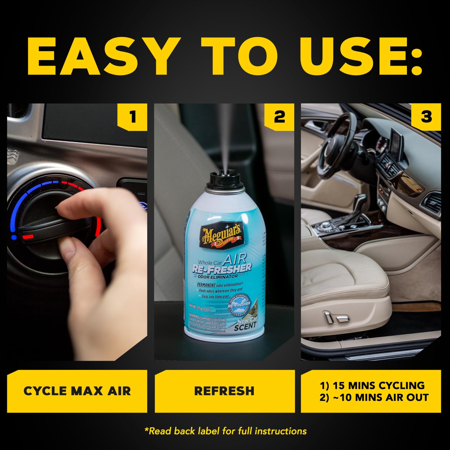 Meguiar's Whole Car Air Refresher, Odor Eliminator Spray Eliminates Strong Vehicle Odors, New Car Scent - Three 2 Oz Spray Bottles