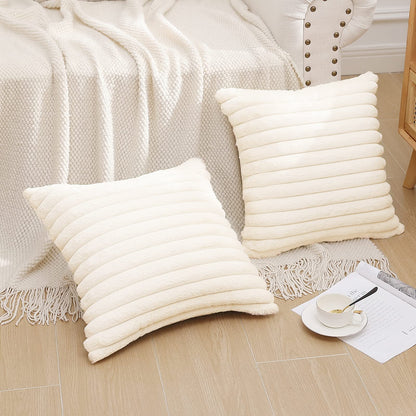 Pallene Faux Fur Plush Fall Throw Pillow Covers 18x18 Set of 2, Luxury Soft Fluffy Striped Decorative Pillow Covers for Sofa, Couch, Living Room, Cream White