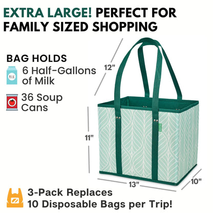 Reusable Grocery Bags (3 Pack) – Heavy Duty Reusable Shopping Bags for Groceries with Box Shape to Stand Up, Stay Open, Fold Flat – Large Tote-Bag is Foldable with Long Handles & Hard Bottom (Green)