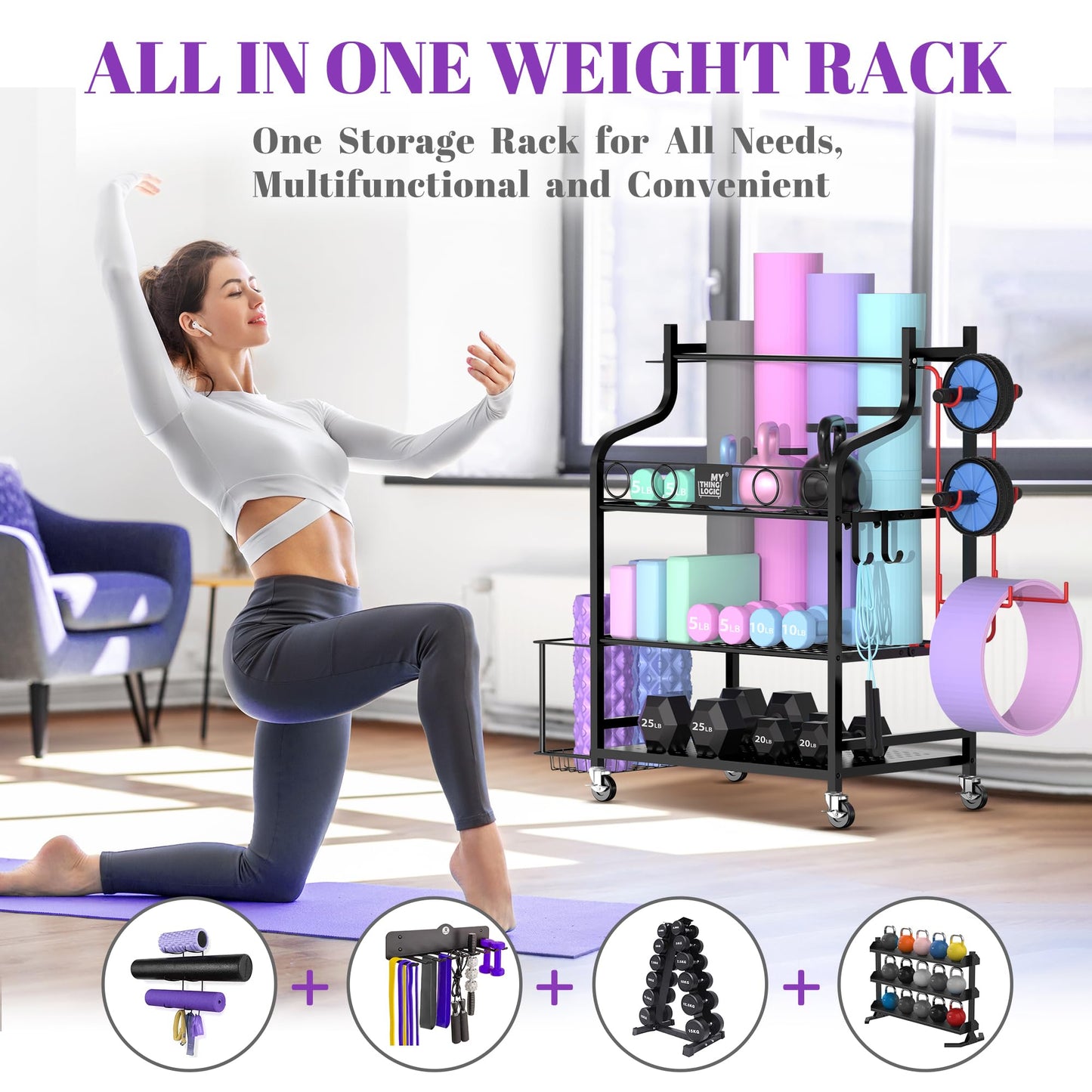 Mythinglogic Yoga Mat Storage Racks for Home, Gym Rack for Dumbbells Kettlebells Foam Roller, Yoga Strap and Resistance Bands, Workout Equipment Organizer With Hooks and Wheels