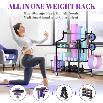 Mythinglogic Yoga Mat Storage Racks for Home, Gym Rack for Dumbbells Kettlebells Foam Roller, Yoga Strap and Resistance Bands, Workout Equipment Organizer With Hooks and Wheels