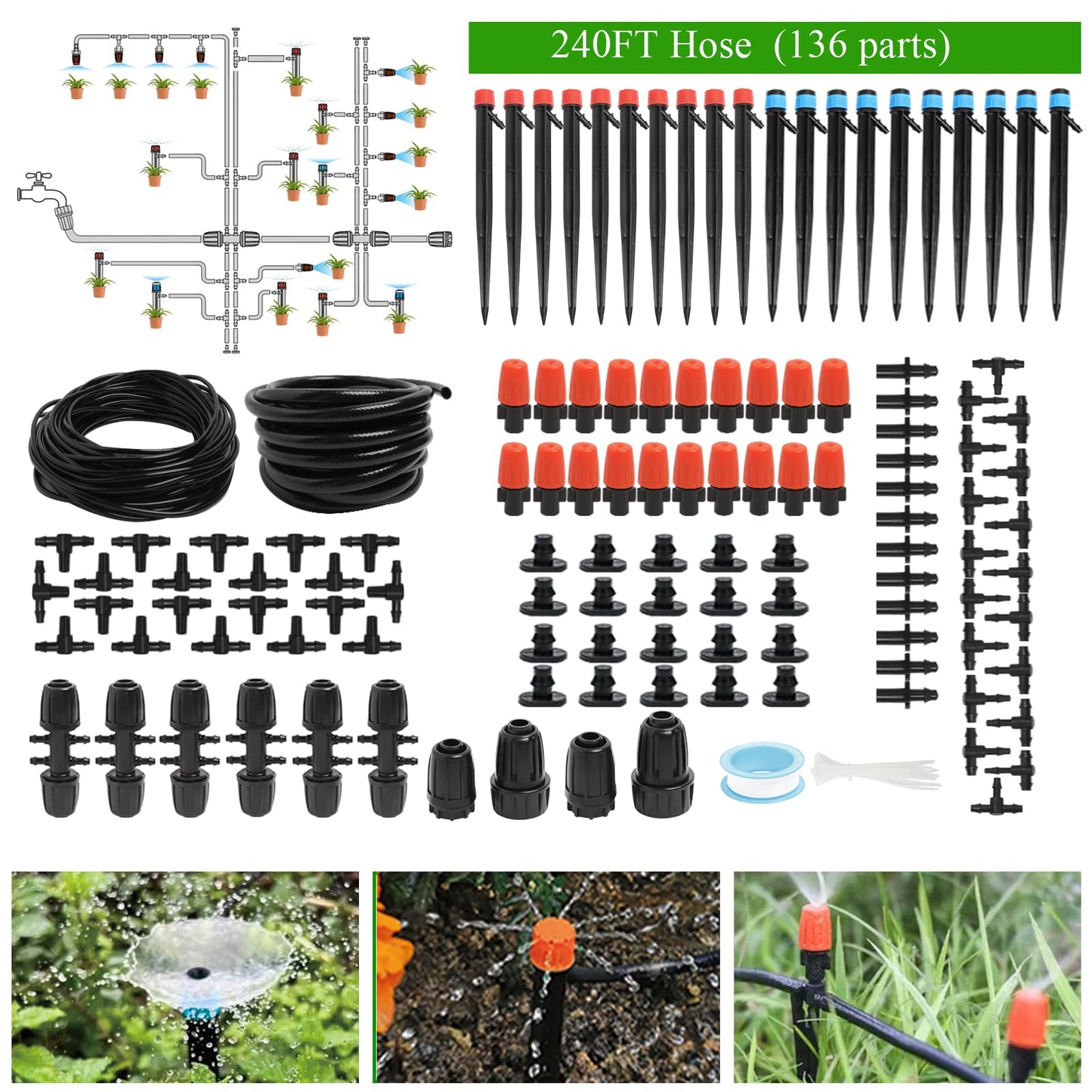 Maotong 240FT Drip Irrigation System Kit, Automatic Garden Watering Misting System for Greenhouse, Yard, Lawn, Plant with 1/2 inch Hose 1/4 inch Distribution Tubing and Accessories