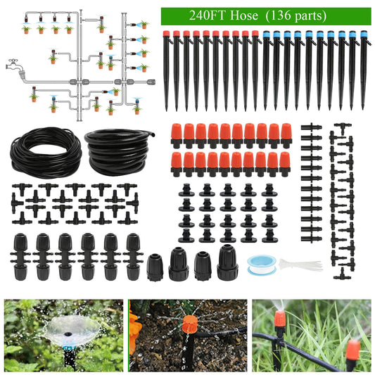 Maotong 240FT Drip Irrigation System Kit, Automatic Garden Watering Misting System for Greenhouse, Yard, Lawn, Plant with 1/2 inch Hose 1/4 inch Distribution Tubing and Accessories