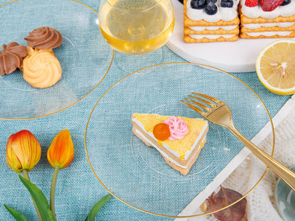 Nervure 100Pieces Clear and Gold Rim Plastic Plates - 7.5inch Disposabl Salad Dessert Plate - Clear and Gold Party Plates Ideal for Wedding & Party