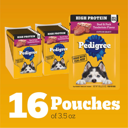 Pedigree High Protein Adult Soft Wet Dog Beef & Pork Tenderloin, 3.5 oz. Pouches, 16 Count
