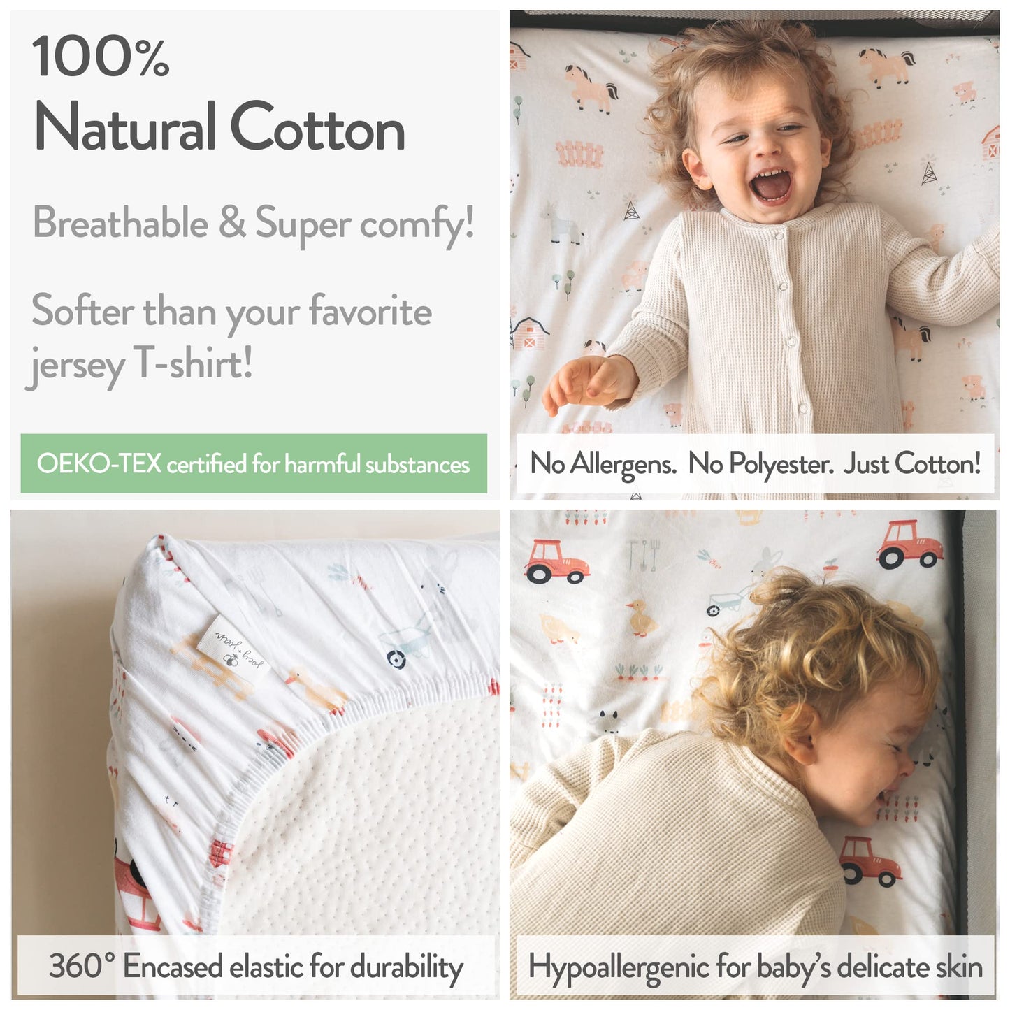 Pack and Play Sheets Fitted – Compatible with Graco Pack n Play Playard Crib and Other 27 x 39 Inch Playpen Mattress – Snuggly Soft 100% Jersey Cotton – Farm Animals – 2 Pack