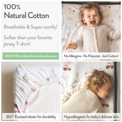 Pack and Play Sheets Fitted – Compatible with Graco Pack n Play Playard Crib and Other 27 x 39 Inch Playpen Mattress – Snuggly Soft 100% Jersey Cotton – Farm Animals – 2 Pack