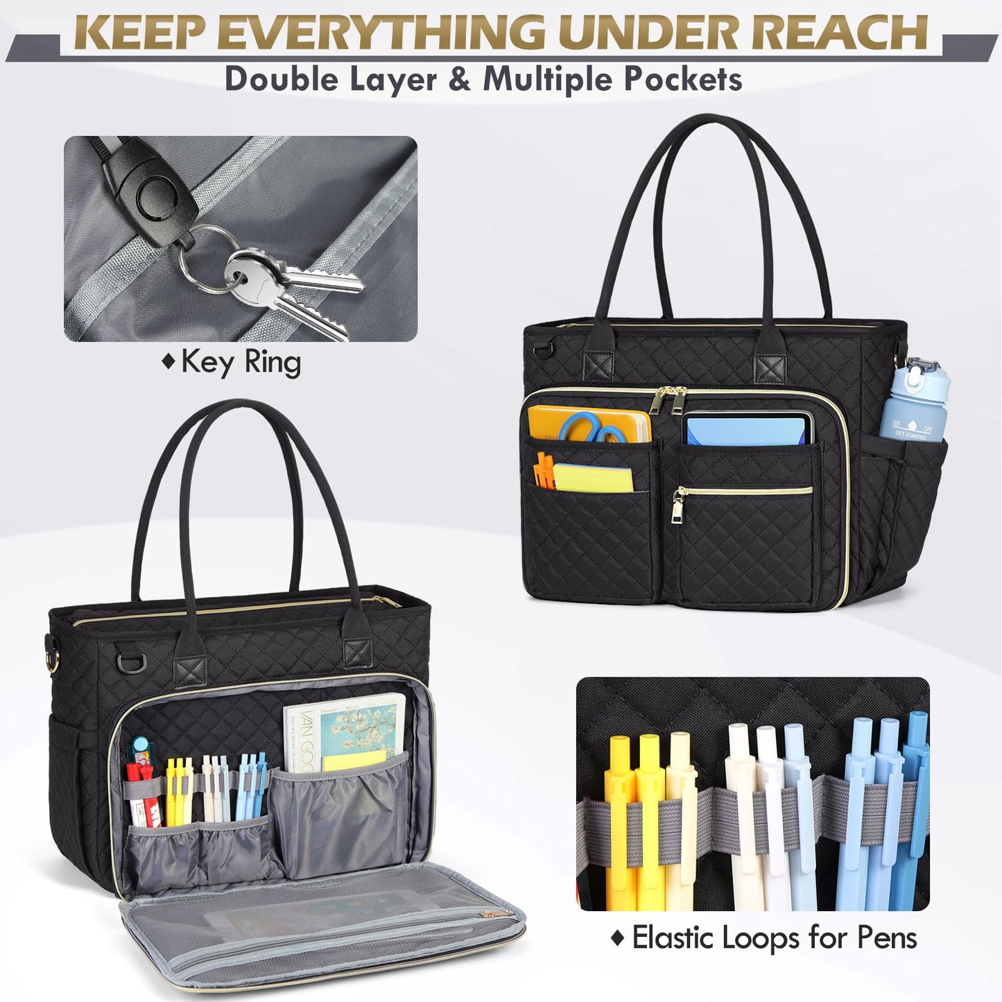 RAINSMORE Teacher Tote Bag 15.6 inch Laptop Bag for Women Work Bags Laptop Tote Nurse Bag Professional Computer Messenger with Insulated Pocket, Laptop Briefcase for Office, College, Nursing, Black